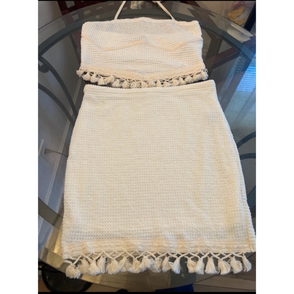NWT SHEIN Crotchet Boho Knit White Skirt Set Size Large Bohemian Style 2 Piece - Picture 5 of 13